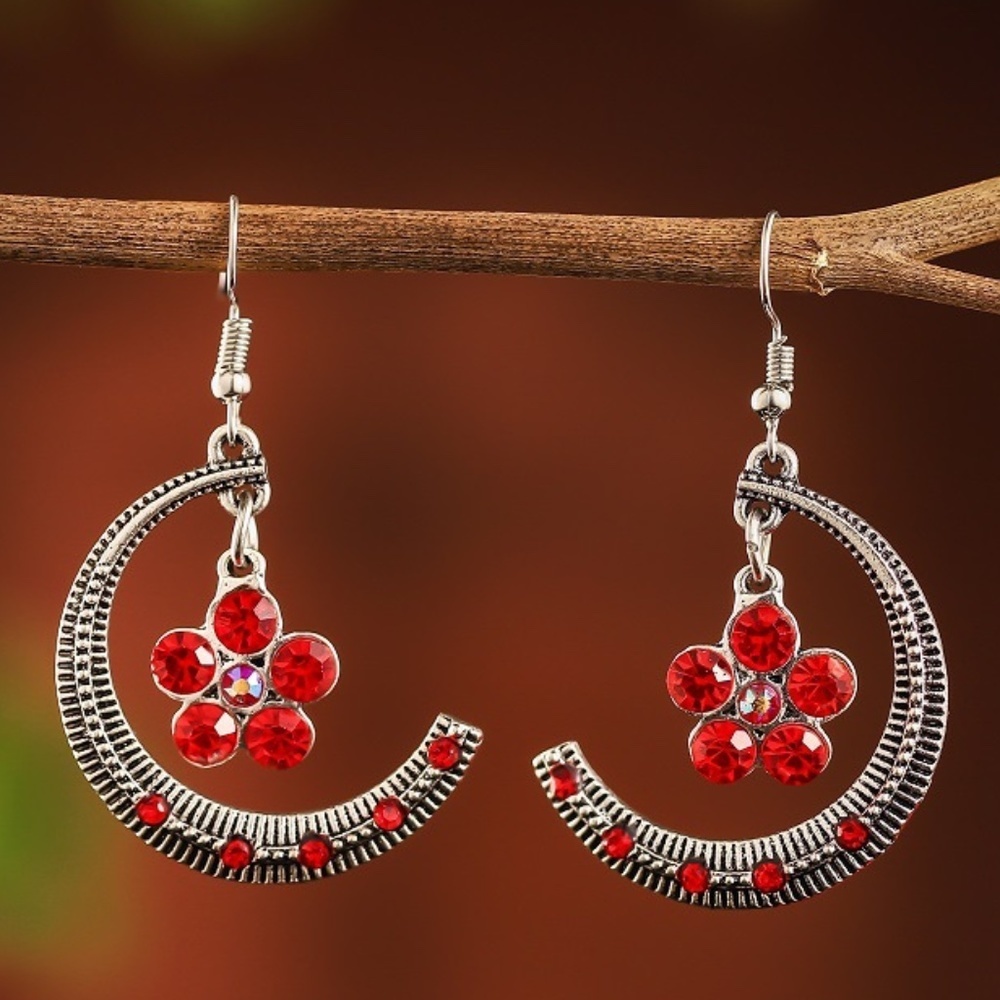 *Tenysi* Silver X Red Moon Flower Fashion Earrings